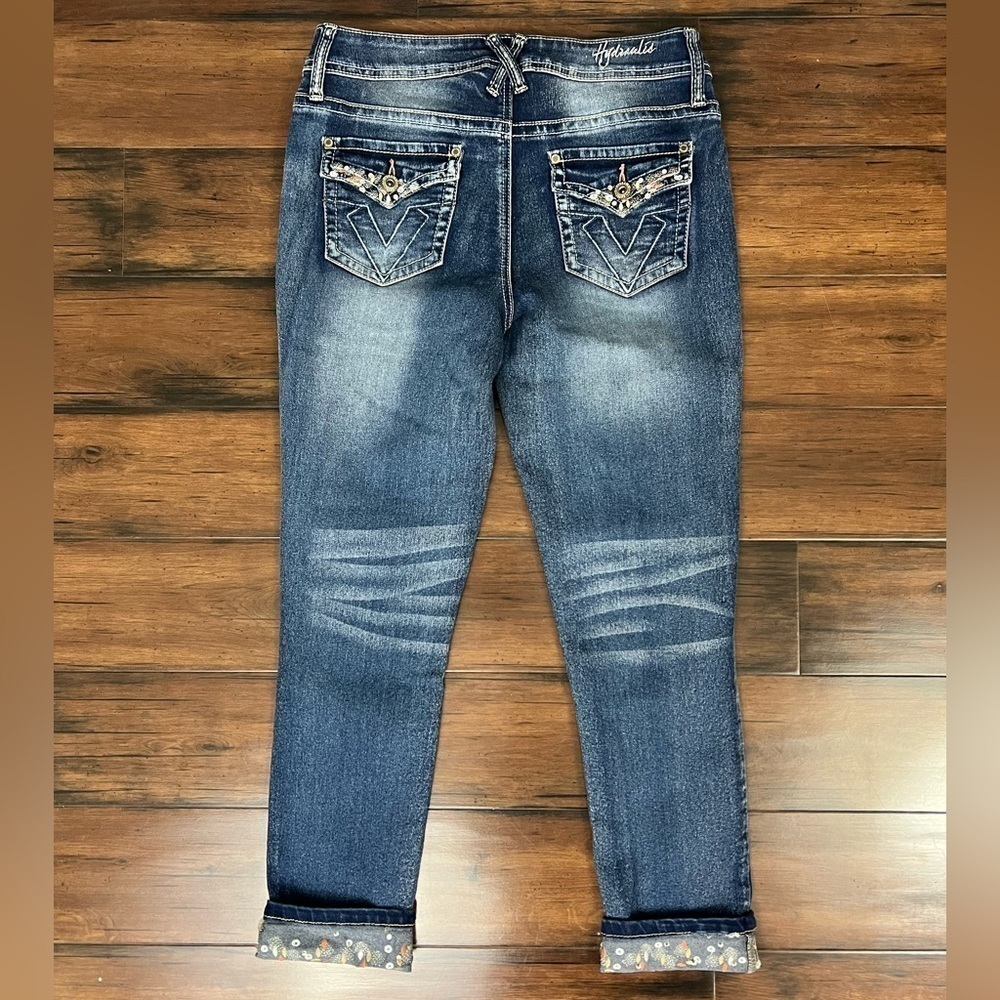 Hydraulic Floral Cuff Cropped Jeans Embroidered Pocket Stretch Denim - Size 6 - Picture 7 of 11